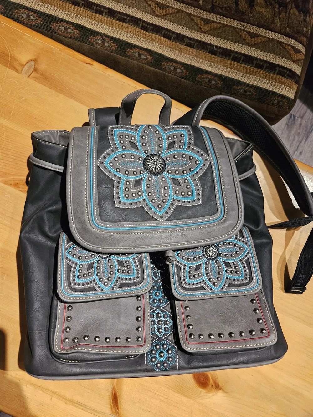 Montana WEST Black and Gray Floral Studded Backpack with Turquoise Accents